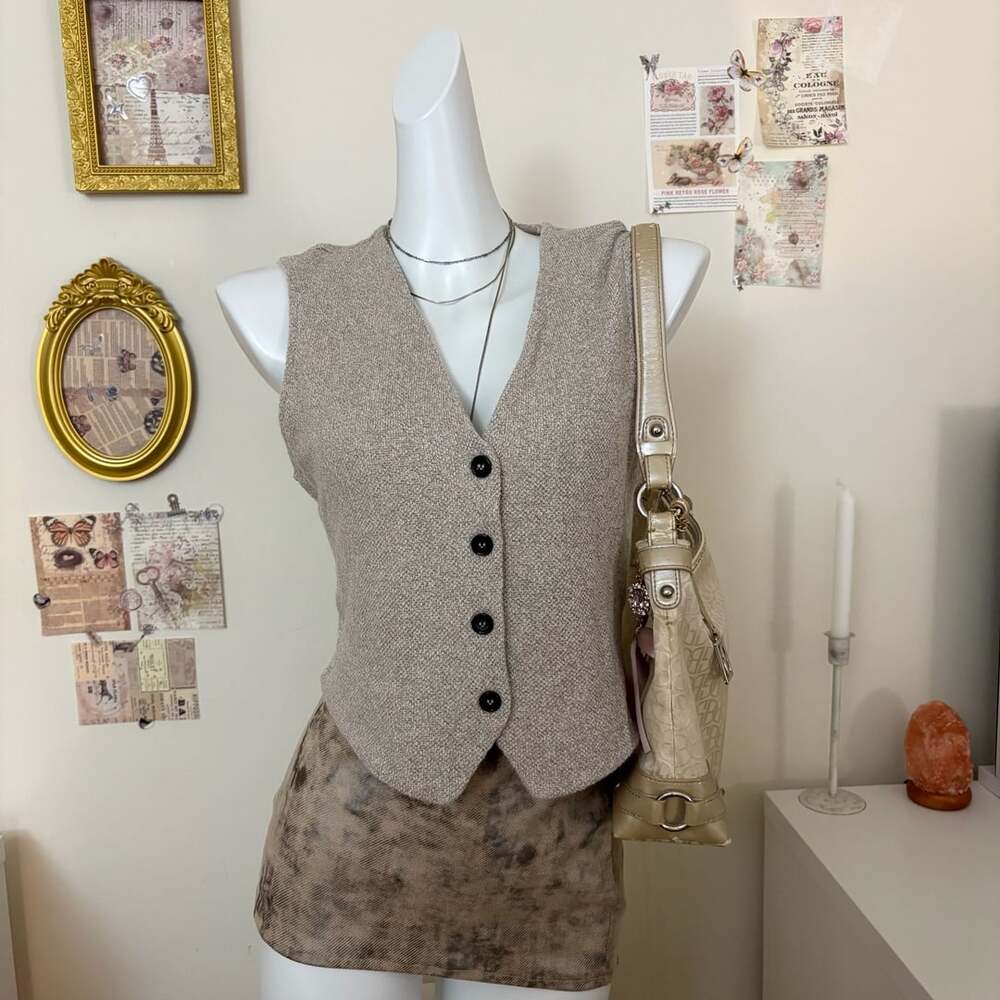 Zara Knit Waistcoat Size S Beige V-Neck Button Up Sleeveless Top